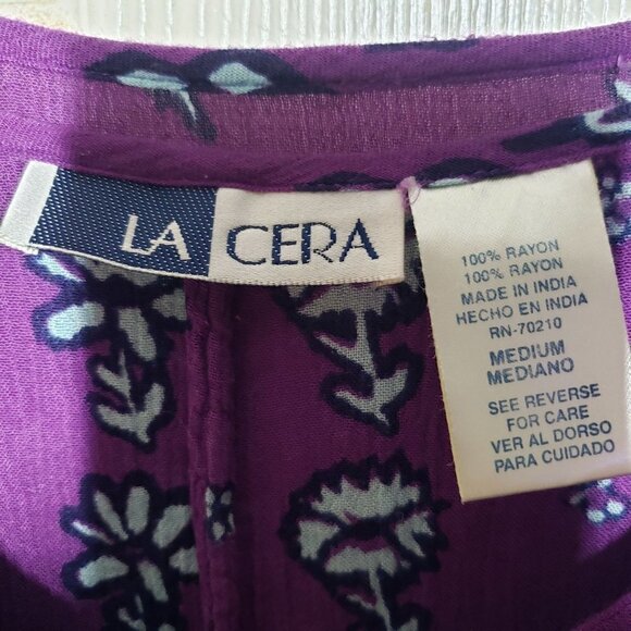 La Cera Floral Midi Dress Purple Rayon Shift Boho Short Sleeve Womens Medium - Picture 5 of 10